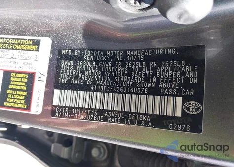 2016 Toyota Camry Se from USA, damaged, VIN 4T1BF1FK2GU160076